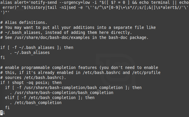 Terminal window showing the contents of .bashrc at the end of the file