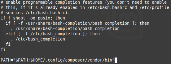 Terminal window showing the new line entered at the end of .bashrc