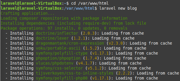 Terminal window creating a new laravel app named 'blog' - `laravel new blog`