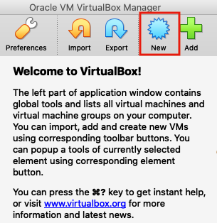 Oracle VM VirtualBox Manager with 'New' button highlighted