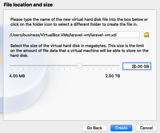 File location and size setup for a new virtual machine