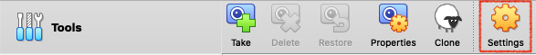 VirtualBox Manager Tools menu with 'Settings' button highlighted