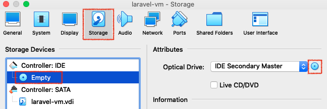 Storage settings with 'Storage', 'Empty', and disk icon highlighted