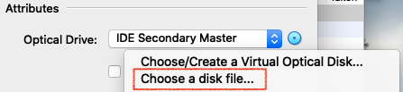 Drop-down menu under 'Optical Drive' with 'Choose a disk file...' highlighted