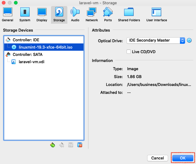 Storage settings with 'OK' button highlighted