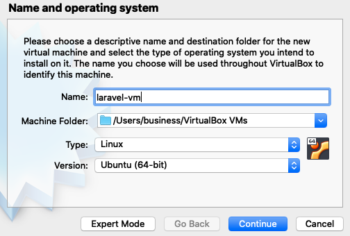 Name and operating system setup for a new virtual machine