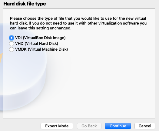 Hard disk file type setup for a new virtual machine