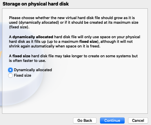 Storage on physical hard disk setup for a new virtual machine