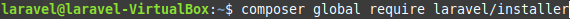 Terminal window showing the `composer global require laravel/installer` command