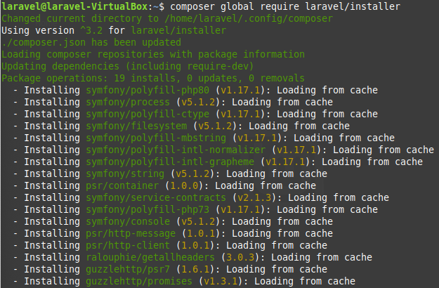 Terminal window showing Laravel being installed