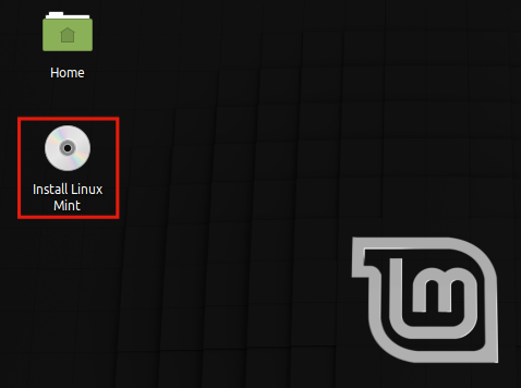 Linux Mint desktop with the 'Install Linux Mint' icon highlighted