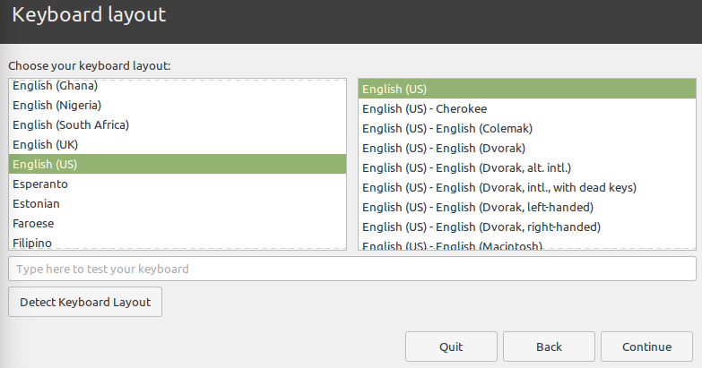 Linux Mint installation 'Keyboard layout' screen