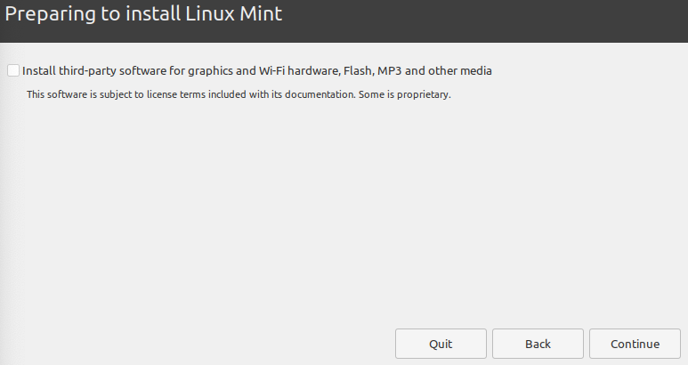 Linux Mint installation 'Preparing to install Linux Mint' screen