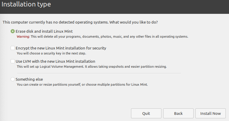 Linux Mint installation 'Installation type' screen with 'Erase disk and install Linux Mint' selected