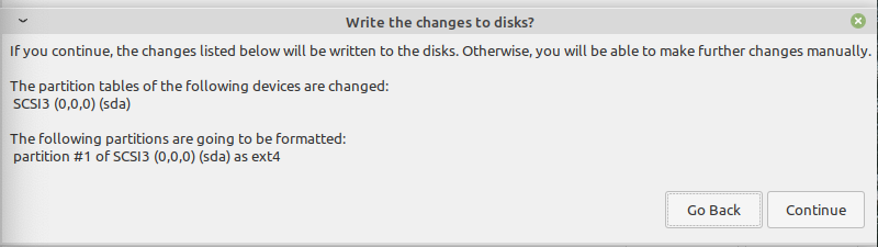 Screen asking if you want to write the changes to disk for Linux Mint installation