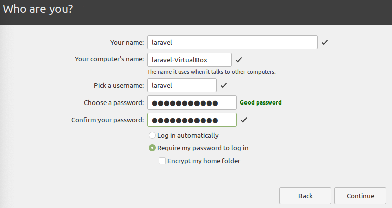 Linux Mint installation 'Who are you?' screen with Your name, username, and password filled