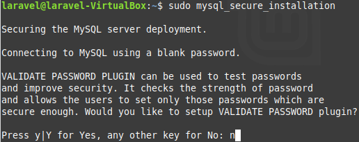 Terminal window asking if you want to setup the VALIDATE PASSWORD plugin