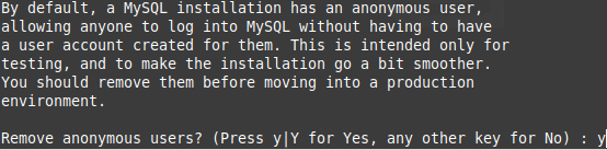 Terminal window asking if you want to remove anonymous users