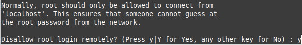 Terminal window asking if you want to disable remote root login