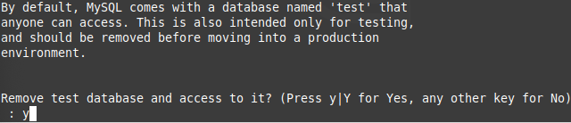 Terminal window asking if you want to remove the test database and access to it