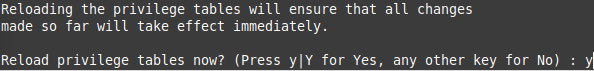 Terminal window asking if you want to reload the privilege tables