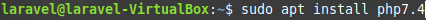 Terminal window with `sudo apt install php7.4`