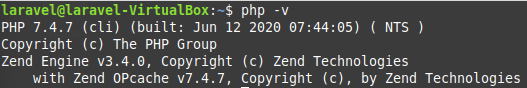 Terminal window showing the version of PHP (7.4.7) and other info about it