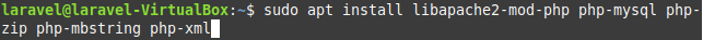 Terminal window with `sudo apt install libapache2-mod-php php-mysql php-zip php-mbstring php-xml`