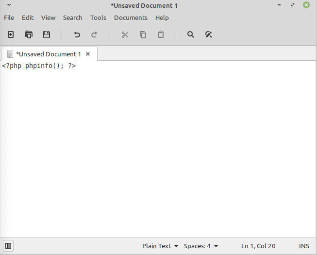 Text Editor open with `<?php phpinfo(); ?>` typed