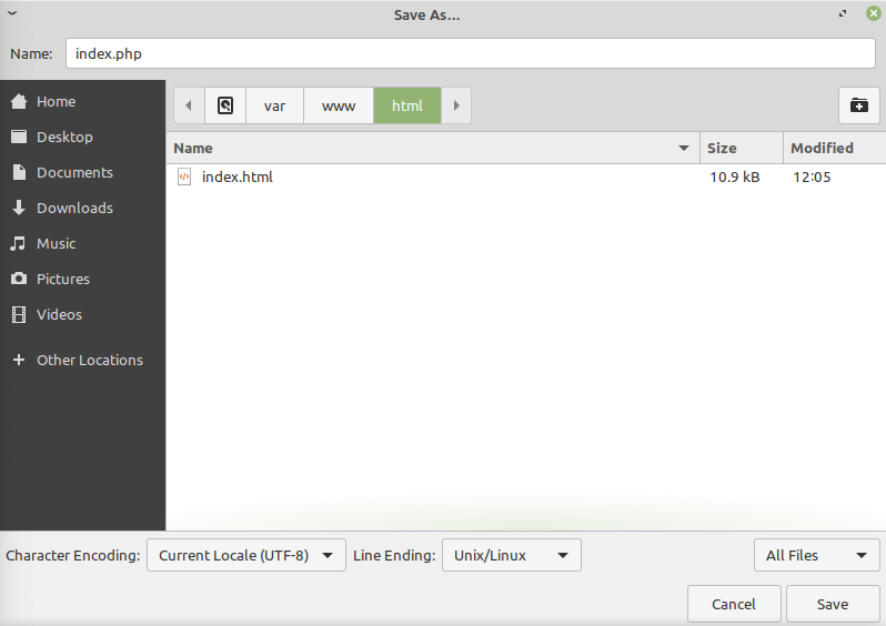 Save As... screen for 'index.php' with the /var/www/html directory selected