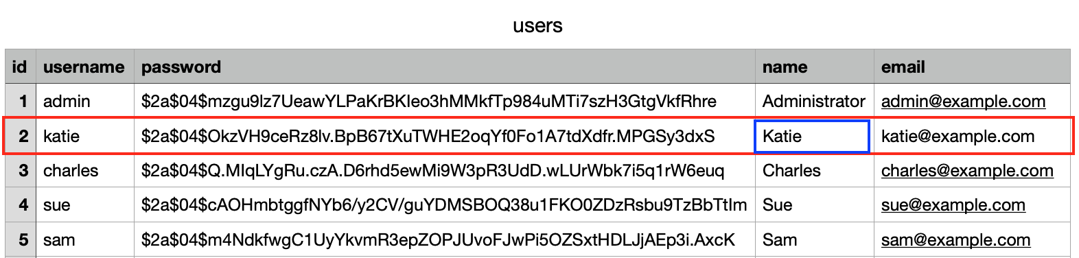 users spreadsheet with the 'katie' record highlighted