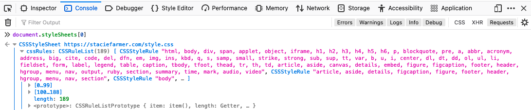 List of CSS rules in the browser console