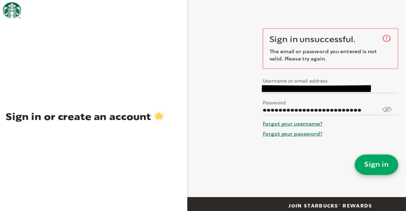 Screenshot of error saying 'Sign in unsuccessful. The email or password you entered is not valid. Please try again.'