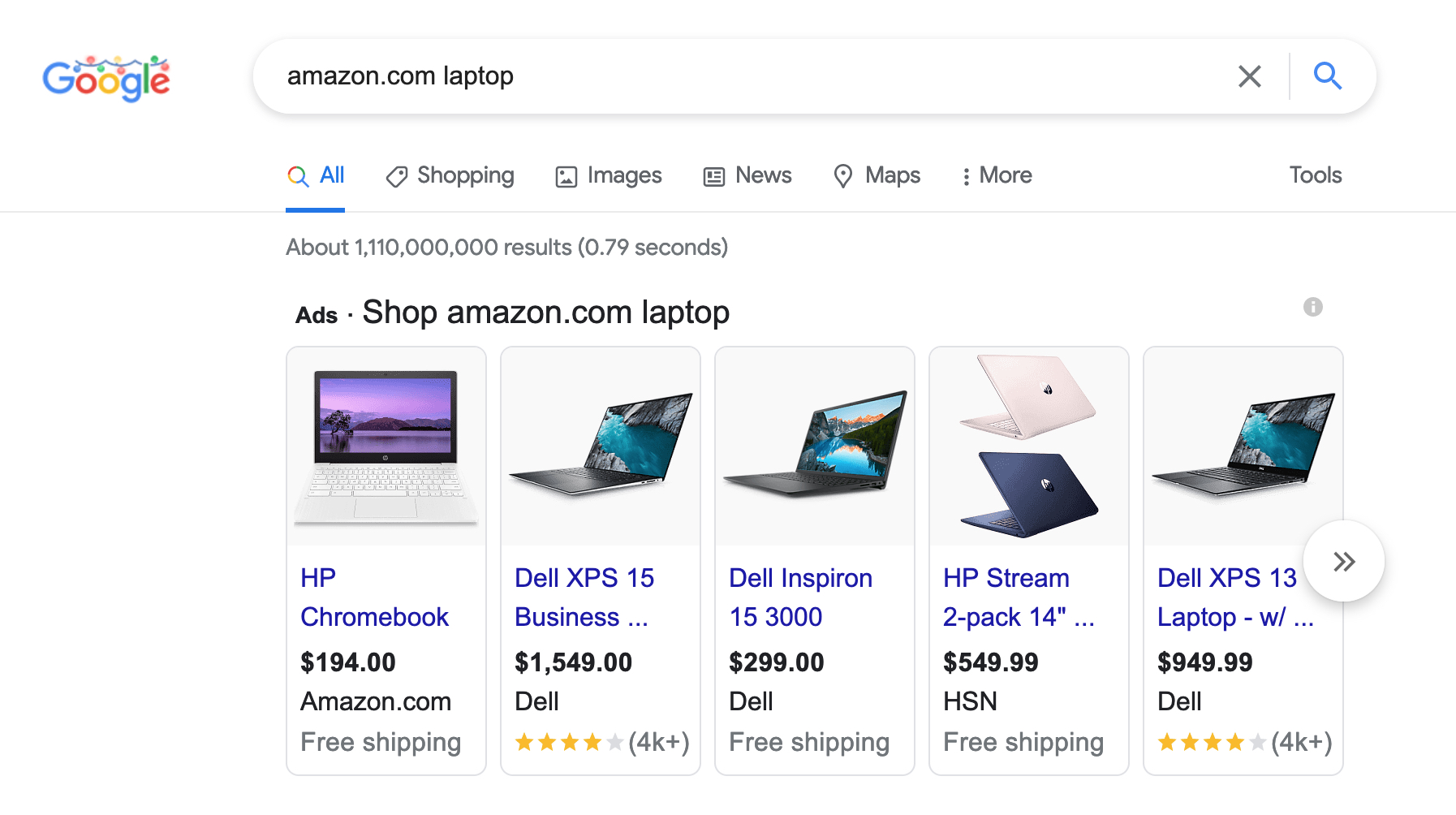 Ad for a laptop on Amazon displayed on the Google search page